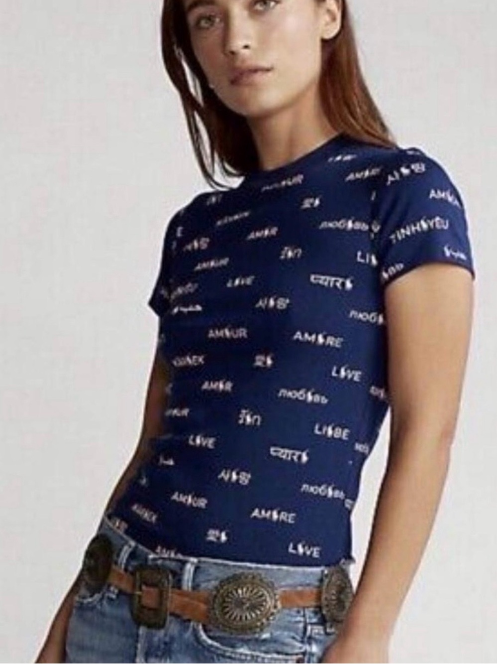 Ralph Lauren Pink Pony Love Languages Tee Small Petite Blue Cotton Graphic Tee